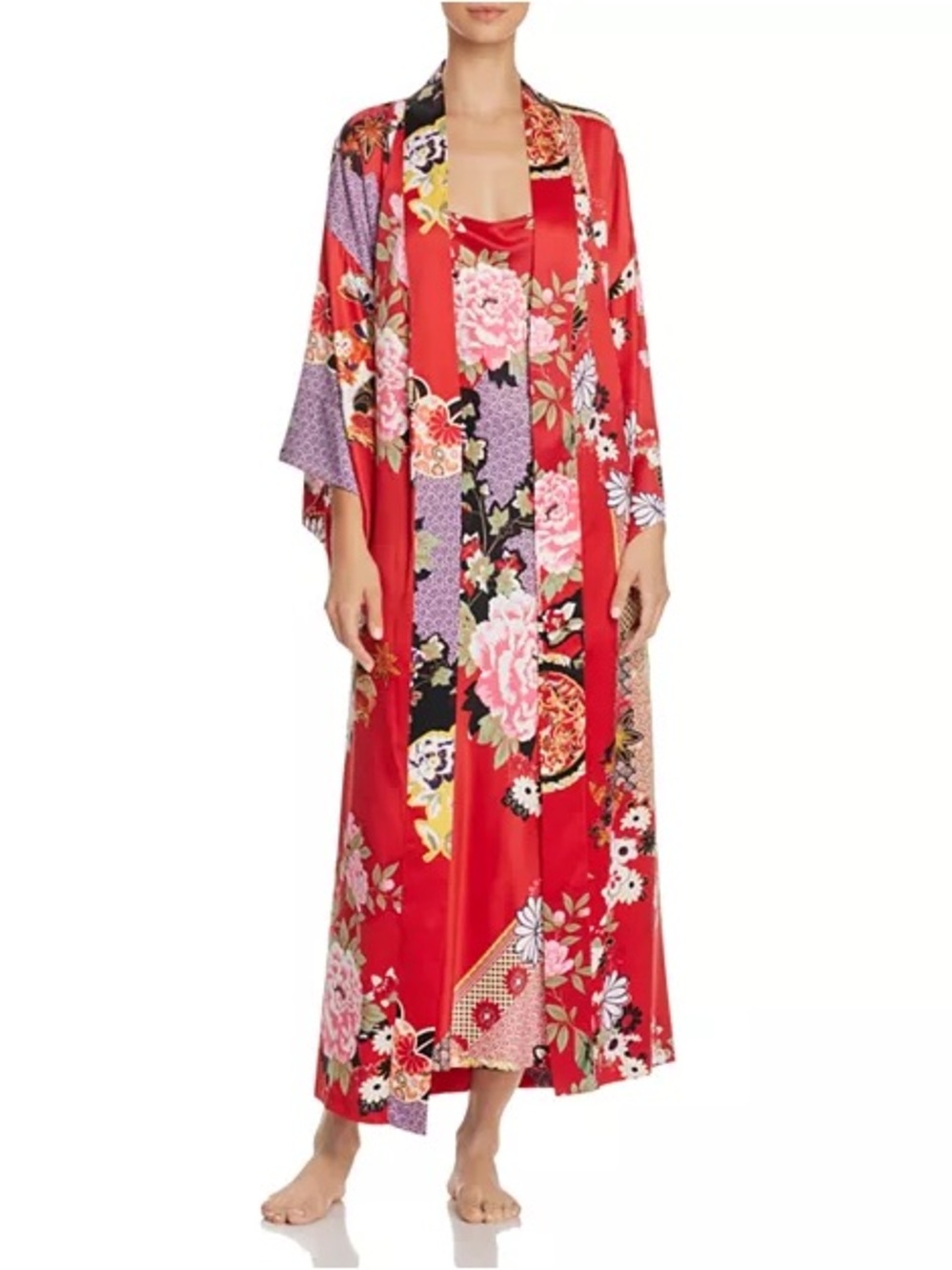 Natori | Mikado Red Floral long kimono robe, XS